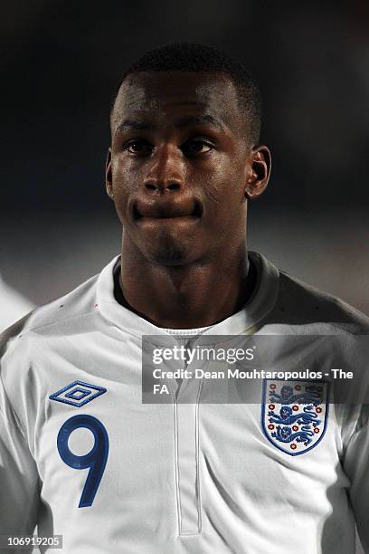 Saido Berahino of England lines up prior to the International friendly match between England U18 and Poland U18 at Adams Park on November 16, 2010 in...