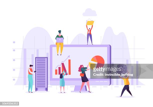 Business Data Analysis Concept. Marketing Strategy, Analytics with People Characters Analyzing Financial Statistics Data Charts on Computer. Vector illustration