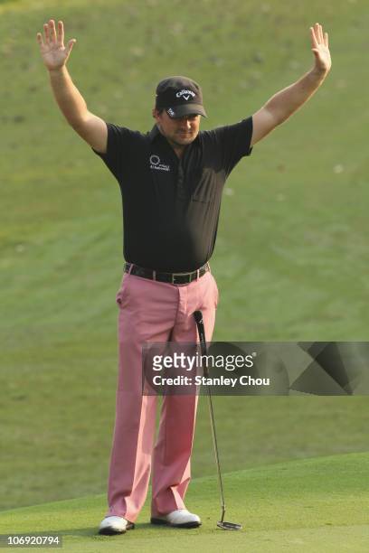 Graeme Mcdowell of Ireland celebrates on sinking a birdie on the 2nd hole during previews ahead of the USB Hong Kong Open at The Hong Kong Golf Club...