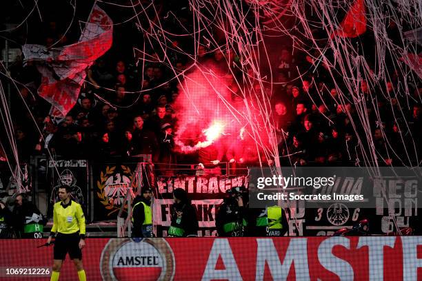 Supporters of Eintracht Frankfurt during the UEFA Europa League match between Eintracht Frankfurt v Olympique Marseille at the Commerzbank Arena on...