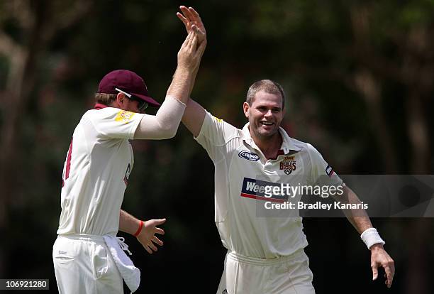 Chris Swan of the Bulls celebrates after taking the wicket of Aiden Blizzard of the Redbacks during day one of the Sheffield Shield match between the...