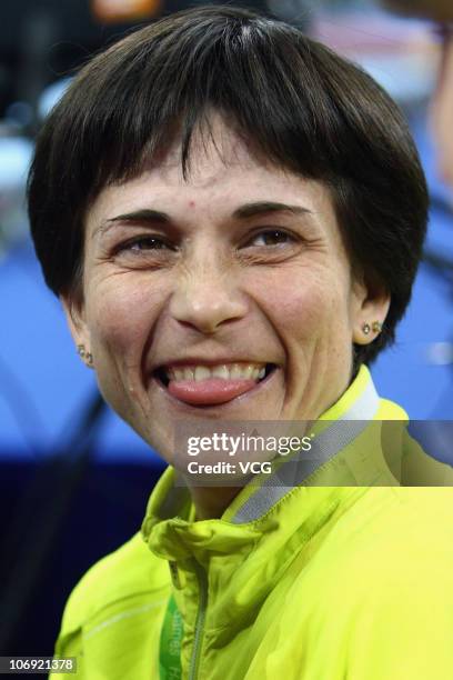 Uzbekistan coach Oksana Aleksandrovna Chusovitina looks on at the Artistic Gymnastics at the Asian Games Town Gymnasium during day four of the 16th...