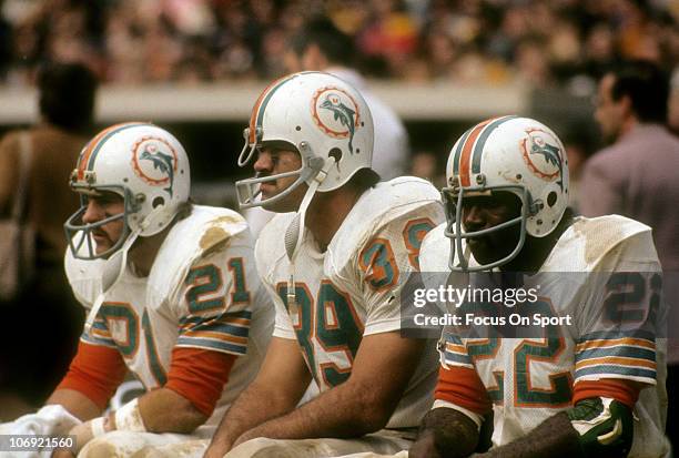 Running back Jim Kiick, Larry Csonka and Mercury Morris of the Miami Dolphins watching the action from the bench during an NFL football game circa...