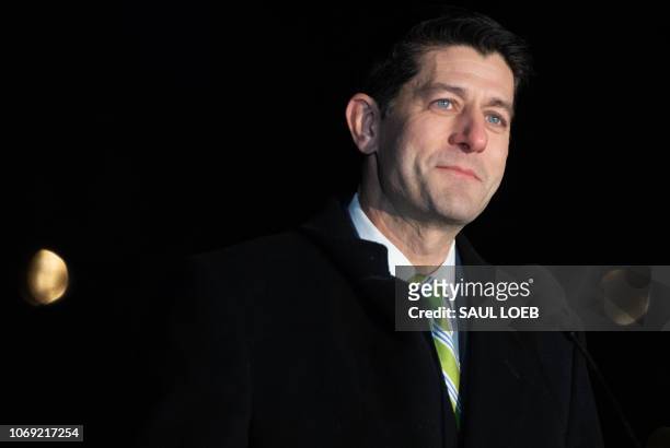 Speaker of the House Paul Ryan, Republican of Wisconsin speaks during a lighting ceremony for the US Capitol Christmas Tree, a Noble Fir from Oregon,...