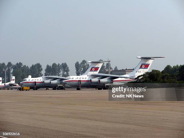 Vintage Soviet-era aircraft, owned by the state airline Air Koryo, are seen on the ramp at Sunan International Airport on August 15, 2009 in...