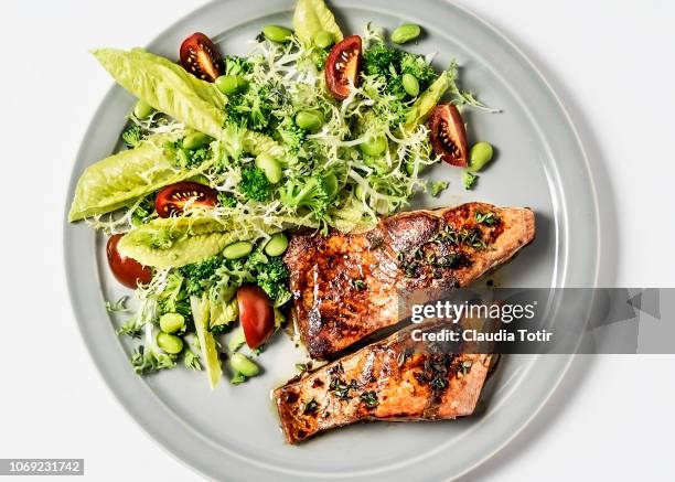 salmon with fresh salad - broccoli on white stockfoto's en -beelden