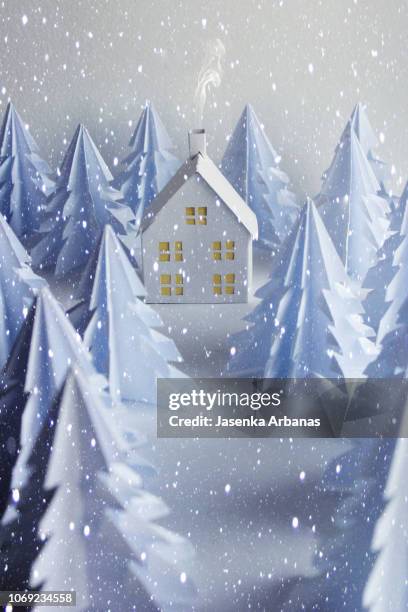 a model house in forest with snow - origami tree stock pictures, royalty-free photos & images