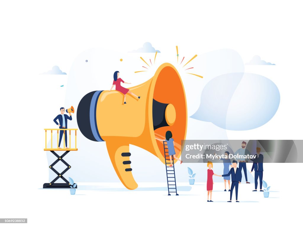 Business Advertising Promotion. Loudspeaker Talking to the Crowd. Big Megaphone and Flat People Characters Advertisement