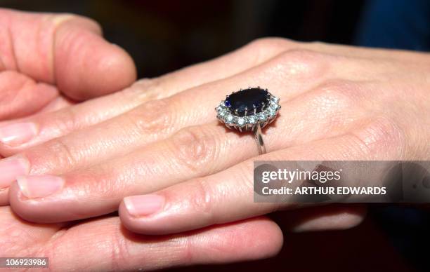 Picture released on November 16, 2010 of a close up of Kate Middleton's engagement ring, the fiancée of Britain's Prince William, as they pose for...