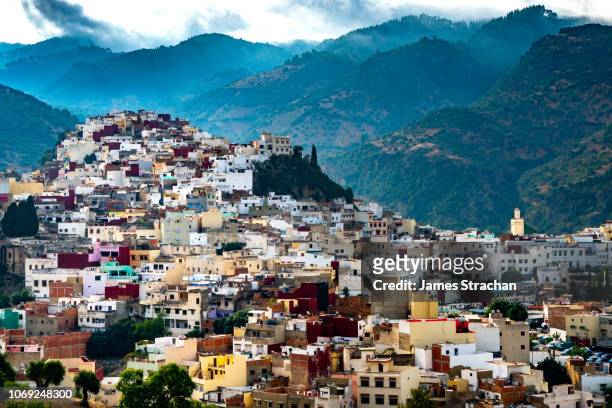 colourful hilltop town of moulay idriss, near meknes, morocco - moulay idriss morocco photos et images de collection