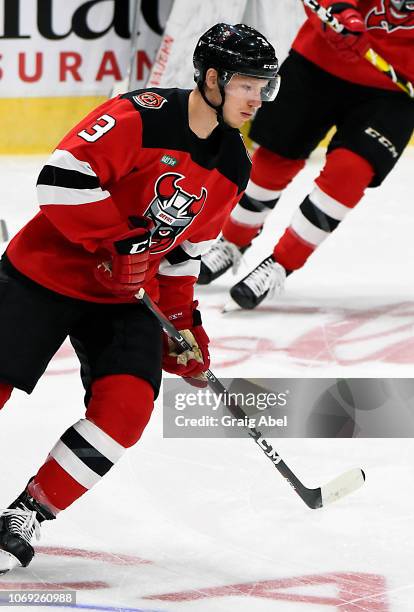 Tariq Hammond of the Binghamton Devils skates in warmup prior to a game against the Toronto Marlies on November 17, 2018 at Coca-Cola Coliseum in...