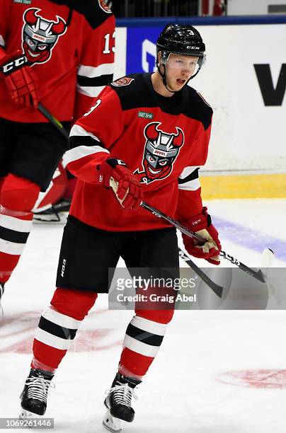 Tariq Hammond of the Binghamton Devils skates in warmup prior to a game against the Toronto Marlies on November 17, 2018 at Coca-Cola Coliseum in...