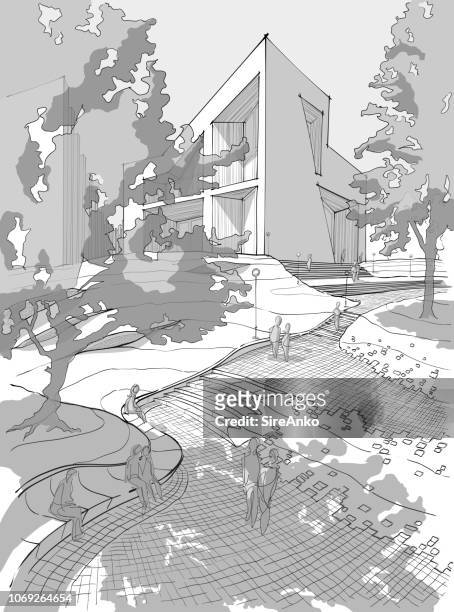 hand drawn black and white landscape architecture - promenade stock illustrations