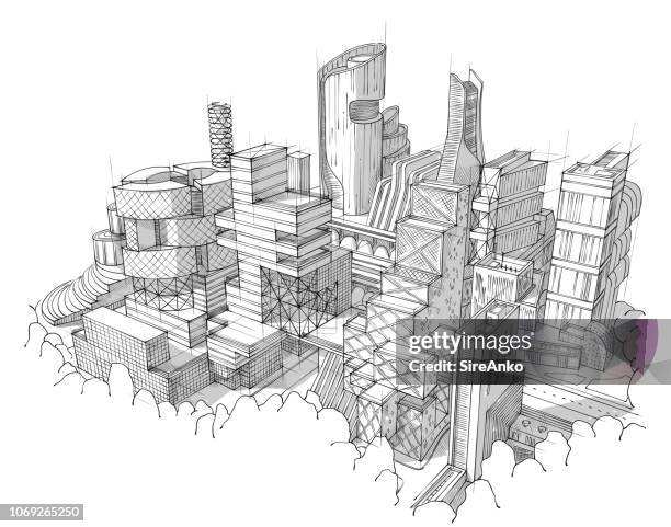 hand drawn black and white architecture - balcony view stock illustrations