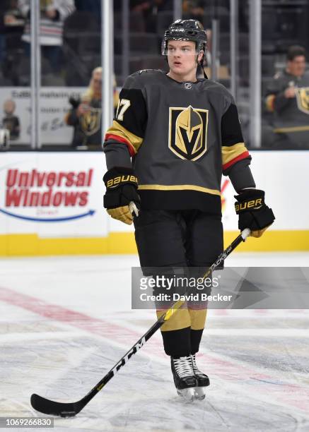 Reid Duke of the Vegas Golden Knights warms up prior to a game against the Chicago Blackhawks at T-Mobile Arena on December 6, 2018 in Las Vegas,...