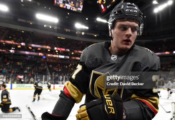 Reid Duke of the Vegas Golden Knights warms up prior to a game against the Chicago Blackhawks at T-Mobile Arena on December 6, 2018 in Las Vegas,...