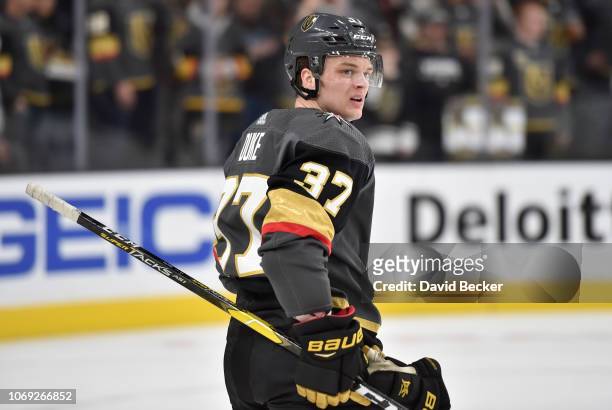 Reid Duke of the Vegas Golden Knights warms up prior to a game against the Chicago Blackhawks at T-Mobile Arena on December 6, 2018 in Las Vegas,...
