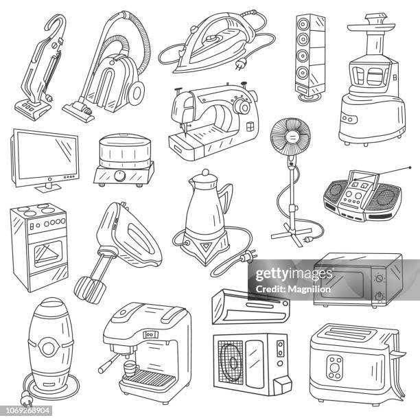 geräte-doodles-set - microwave stock-grafiken, -clipart, -cartoons und -symbole