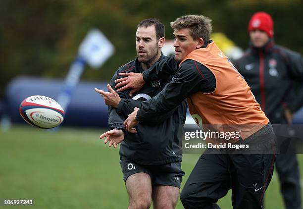 England Internationals Charlie Hodgson and Toby Flood challenge for the ball during the England Rugby Training Session ahead of their test match...