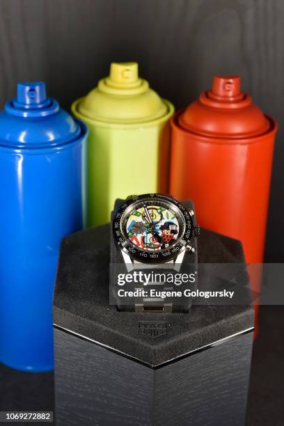 View of the TAG Heuer Alec Monopoly Carrera Heuer01 Special Edition chronograph timepiece at the TAG Heuer celebration of Art Basel Miami 2018 with...