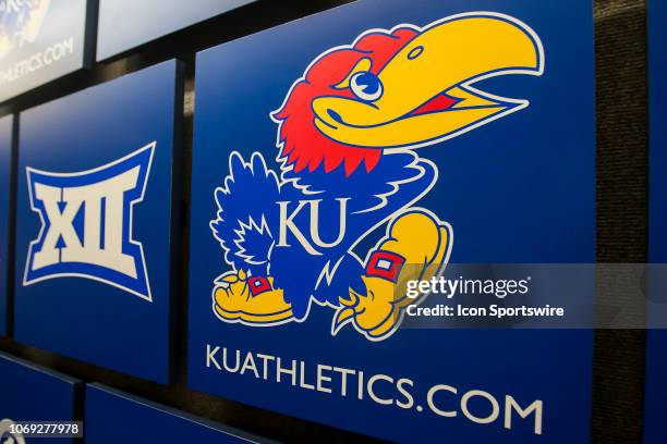 Jayhawk branded emblem along with a Big 12 logo in the media interview room prior to the game between the Wofford Terriers and the Kansas Jayhawks on...