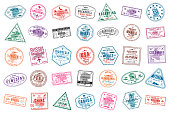 Set of travel visa stamps for passports. International and immigration office stamps. Arrival and departure visa stamps