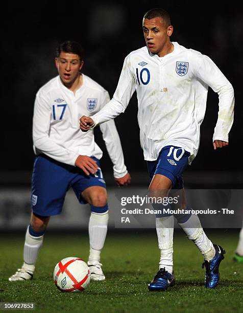 Ravel Morrison and George Moncur of England in action during the International friendly match between England U18 and Poland U18 at Adams Park on...