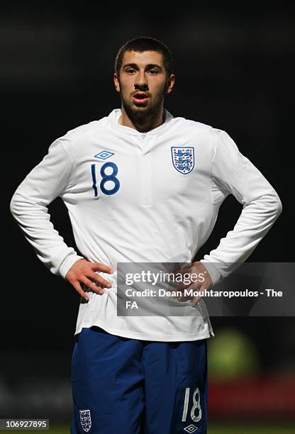 Jake Fowler of England looks on during the International friendly match between England U18 and Poland U18 at Adams Park on November 16, 2010 in High...