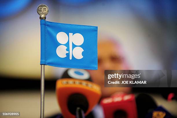 The logo of the of the Organization of the Petroleum Exporting Countries is displayed as Secretary General Abdalla Salem El-Badri speaks during...