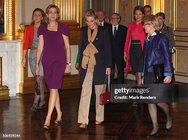 Princess Claire of Belgium, HRM Infanta Cristina of Spain, Princess Astrid of Belgium and Princess Mathilde of Belgium arrive to attend a conference...