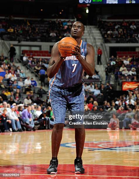 DeSagana Diop of the Charlotte Bobcats stands at the free throw line during a game against the Detroit Pistons on November 5, 2010 at The Palace of...