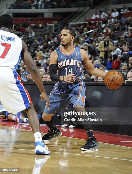 Augustin of the Charlotte Bobcats drives to the basket during a game against the Detroit Pistons on November 5, 2010 at The Palace of Auburn Hills in...