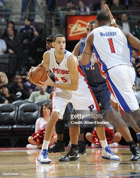 Austin Daye of the Detroit Pistons stands at the free throw line during a game against the Charlotte Bobcats on November 5, 2010 at The Palace of...