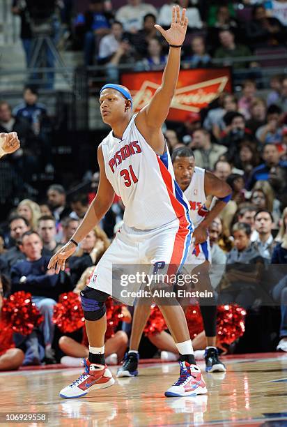 Charlie Villanueva of the Detroit Pistons calls for a pass during a game against the Charlotte Bobcats on November 5, 2010 at The Palace of Auburn...