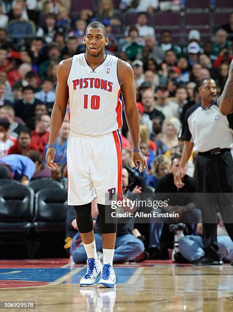 Greg Monroe of the Detroit Pistons stands on the court during a game against the Charlotte Bobcats on November 5, 2010 at The Palace of Auburn Hills...