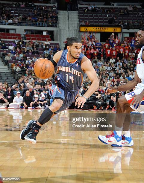 Augustin of the Charlotte Bobcats handles the ball during a game against the Detroit Pistons on November 5, 2010 at The Palace of Auburn Hills in...