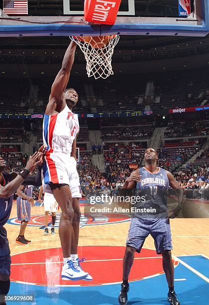 Ben Wallace of the Detroit Pistons dunks the ball during a game against the Charlotte Bobcats on November 5, 2010 at The Palace of Auburn Hills in...