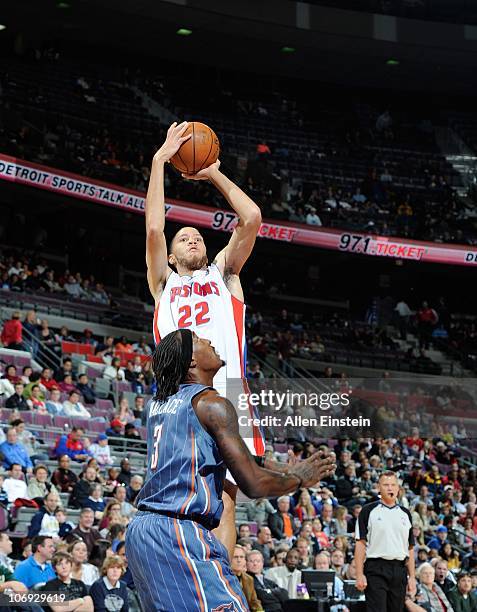 Tayshaun Prince of the Detroit Pistons shoots a jump shot during a game against the Charlotte Bobcats on November 5, 2010 at The Palace of Auburn...