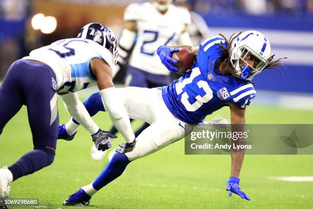 Hilton of the Indianapolis Colts catches a pass in the game against the Tennessee Titans in the third quarter at Lucas Oil Stadium on November 18,...