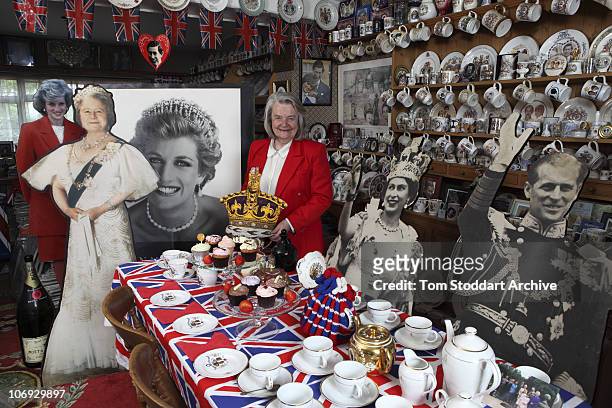 Royal collector Margaret Tyler surrounded by some of her 10,000 items celebrating the British Royal Family. Mrs Tyler's Wembley home in North London...