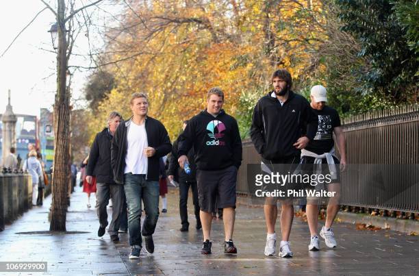 Daniel Braid, Owen Franks, Sam Whitelock and Brad Thorn of the New Zealand All Blacks take a walk around the St Stephens Green shopping area on...