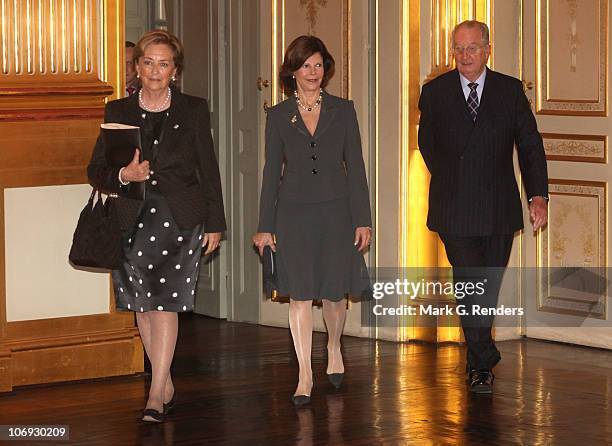 Queen Paola of Belgium, Queen Silvia of Sweden and King Albert of Belgium attend a conference dealing with "Vulnerable children on the run" at the...