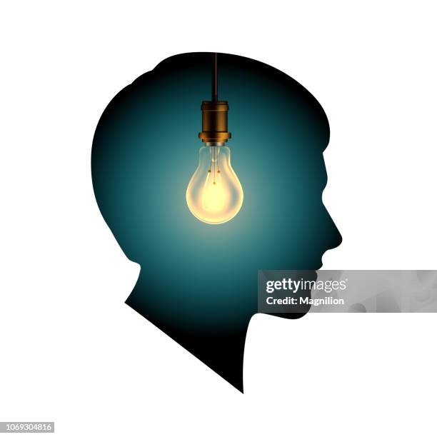 head with light bulb idea concept - smart guy portrait stock illustrations