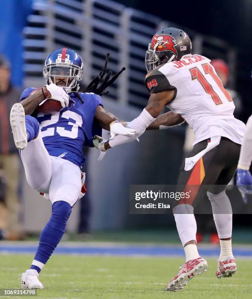 Webb of the New York Giants picks off a pass intended for DeSean Jackson of the Tampa Bay Buccaneers in the final seconds of the game at MetLife...