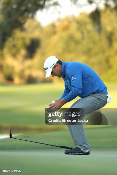 Charles Howell III of the United States celebrates after making his putt in the second playoff of the final round to win the RSM Classic at the Sea...