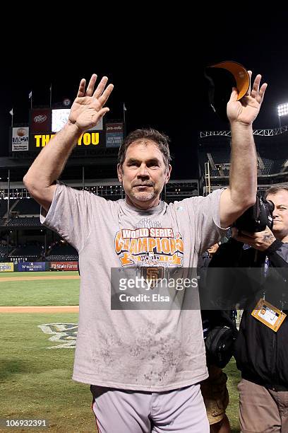 Manager Bruce Bochy of the San Francisco Giants celebrates after the Giants won 3-1 against the Texas Rangers in Game Five of the 2010 MLB World...
