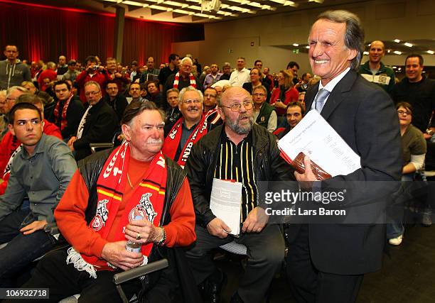 Wolfgang Overath, president of 1. FC Koeln, speaks with members during the general meeting of 1. FC Koeln at the StaatenHaus on November 17, 2010 in...