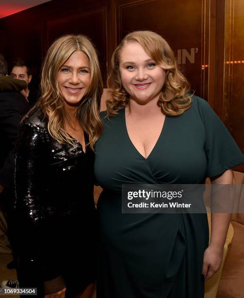 Jennifer Aniston and Danielle MacDonald pose at the after party for the premiere of Netflix's "Dumplin'" at Sunset Tower on December 6, 2018 in Los...