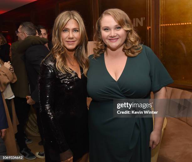 Jennifer Aniston and Danielle MacDonald pose at the after party for the premiere of Netflix's "Dumplin'" at Sunset Tower on December 6, 2018 in Los...