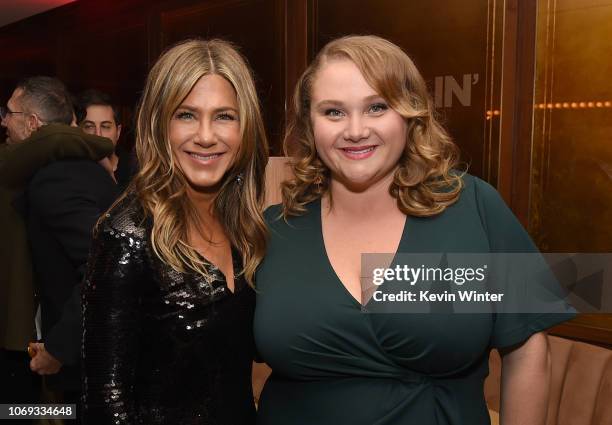 Jennifer Aniston and Danielle MacDonald pose at the after party for the premiere of Netflix's "Dumplin'" at Sunset Tower on December 6, 2018 in Los...